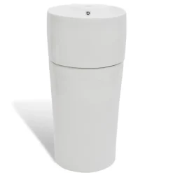Clearance vidaXL Runt handfat med kran- och överflödeshål i keramik med pelare Vit