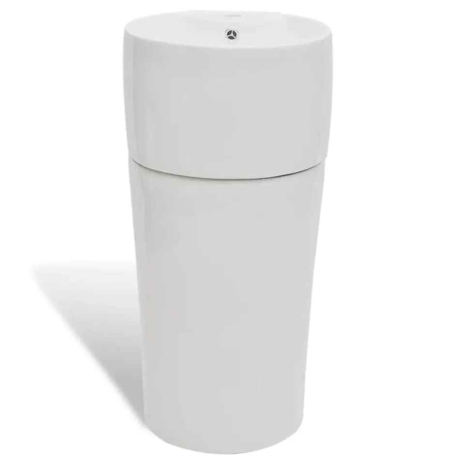 Clearance vidaXL Runt handfat med kran- och överflödeshål i keramik med pelare Vit