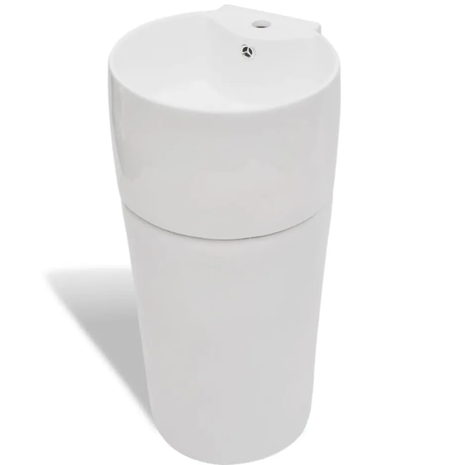 Clearance vidaXL Runt handfat med kran- och överflödeshål i keramik med pelare Vit