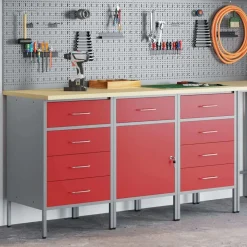 vidaXL Arbetskabinett med låda 3 pcs Röd och Grå 150 x 55 x 85 cm