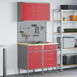 vidaXL Arbetskabinett med låda 5 pcs Röd Konstruerat trä och stål