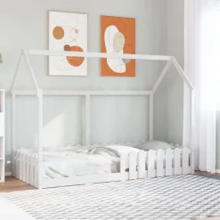 vidaXL Barnsäng med husram vit 90x200 cm massiv furu