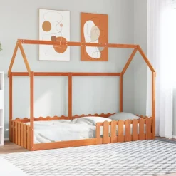 vidaXL Barnsäng med husram vaxad brun 90x200 cm massiv furu