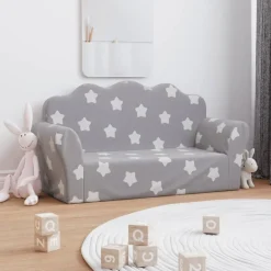 Best vidaXL Barnsoffa för barn 2-sits ljusgrå med stjärnor mjuk plysch Ljusgrå och vit