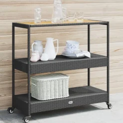Discount vidaXL Barvagn 3 hyllor svart konstrotting och massivt akaciaträ Svart och brun
