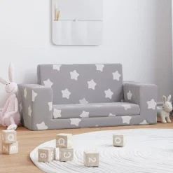 vidaXL Bäddsoffa för barn 2-sits ljusgrå med stjärnor mjuk plysch