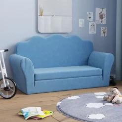 vidaXL Bäddsoffa för barn 2-sits blå mjuk plysch