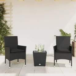 Sale vidaXL Bistrogrupp med dynor 3 delar konstrotting och glas Svart