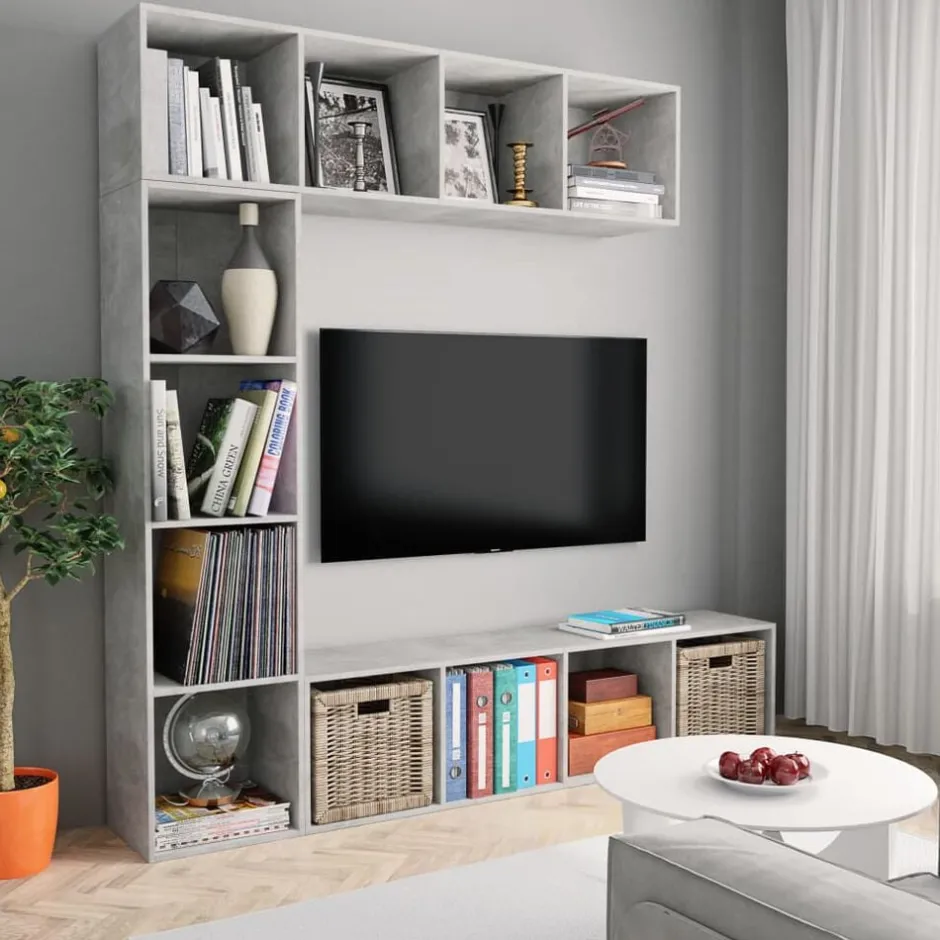 Online vidaXL Bokhylla/TV-bänk 3 delar set 180x30x180 cm Betonggrå