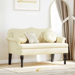 vidaXL Chesterfield Bänk med kudde 120,5 x 65 x 75 cm Konstläder Kräm