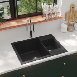 New vidaXL Diskho med bräddavlopp dubbla hoar granit Svart