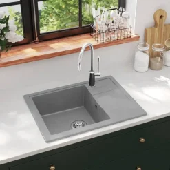 vidaXL Diskho med bräddavlopp oval grå granit