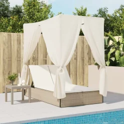 Discount vidaXL Dubbel solsäng med tak och dynor beige konstrotting beige och gräddvit