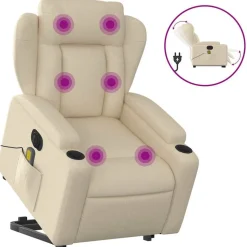 vidaXL Elektrisk massagefåtölj med uppresningshjälp gräddvit tyg