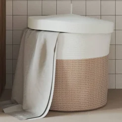 Outlet vidaXL Förvaringskorg med lock och vit Ø40x35 cm bomull Brun