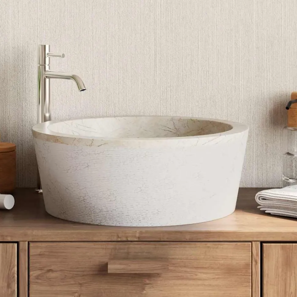vidaXL Handfat gräddvit Ø40x15 cm marmor