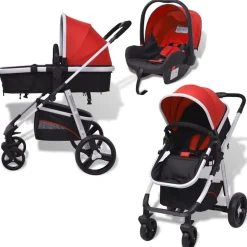 vidaXL 3-i-1 Barnvagn aluminium röd och svart