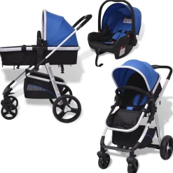 vidaXL 3-i-1 Barnvagn aluminium blå och svart