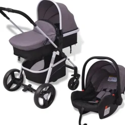 vidaXL 3-i-1 Barnvagn aluminium grå och svart