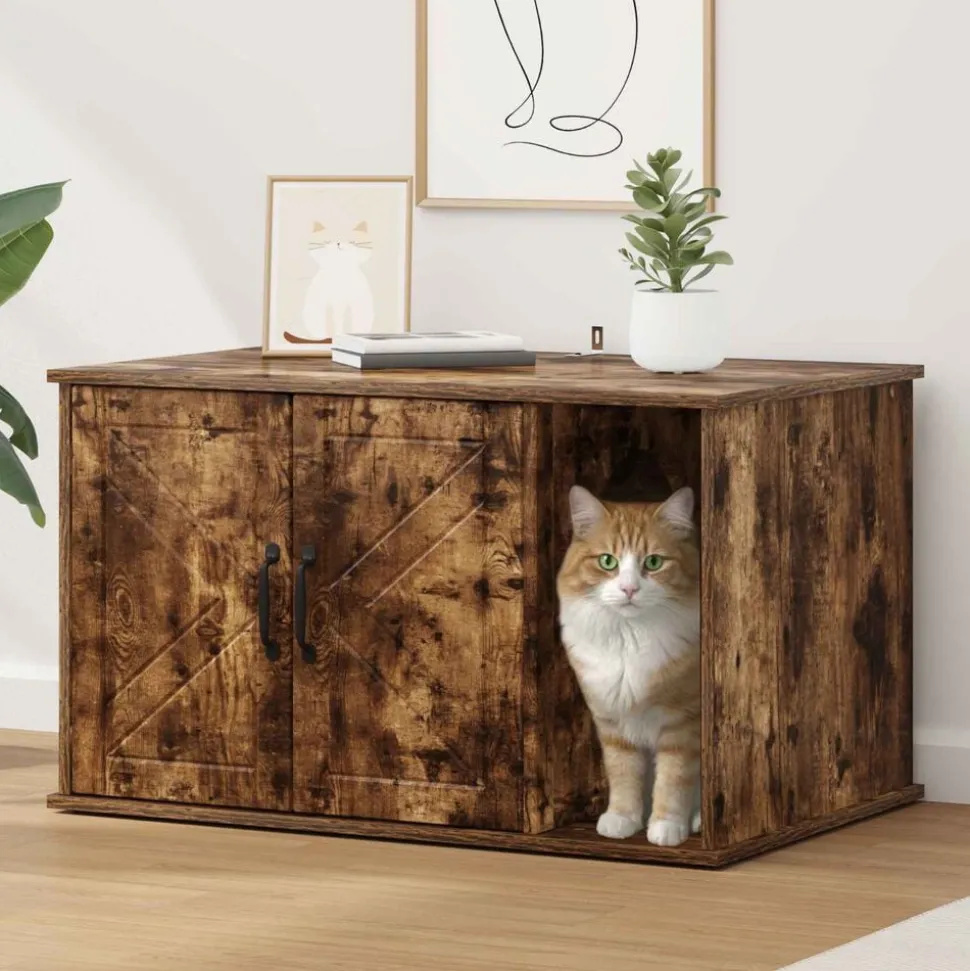 vidaXL Katt hus Rökt ek 85 x 55 x 50 cm Konstruerat trä