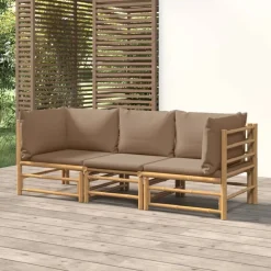 vidaXL Loungegrupp för trädgården 3 delar taupe dynor bambu