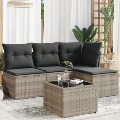 Best vidaXL Loungegrupp för trädgården m dynor 5 delar konstrotting Ljusgrå