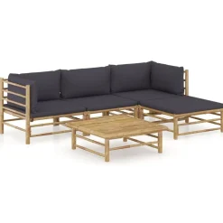 vidaXL Loungegrupp för trädgården med mörkgrå dynor 5 delar bambu