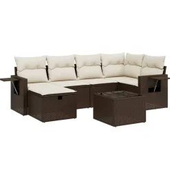 New vidaXL Loungegrupp för trädgården m dynor 6 delar brun konstrotting Brun och gräddvit