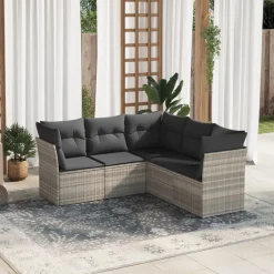 Online vidaXL Loungegrupp för trädgården m dynor 5 delar konstrotting Ljusgrå