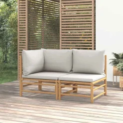 vidaXL Loungegrupp för trädgården 2 delar ljusgrå dynor bambu
