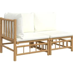 vidaXL Loungegrupp för trädgården med gräddvita dynor 2 delar bambu Kräm