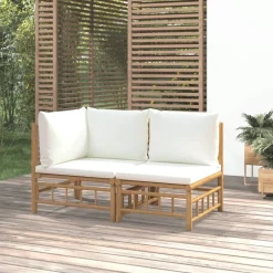 vidaXL Loungegrupp för trädgården med gräddvita dynor 2 delar bambu Kräm