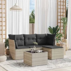 Best vidaXL Loungegrupp för trädgården m dynor 5 delar konstrotting Ljusgrå