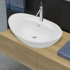 vidaXL Lyxigt keramisk handfat oval med överflöds- & kranhål