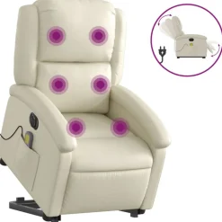 vidaXL Massagefåtölj med uppresningshjälp gräddvit konstläder
