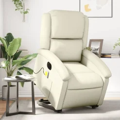 vidaXL Massagefåtölj med uppresningshjälp gräddvit konstläder