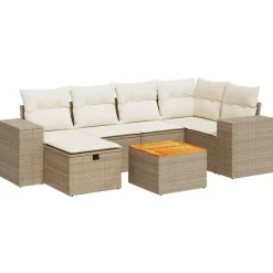 vidaXL Matgrupp för trädgården med dynor 7 delar beige konstrotting