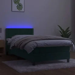 Best vidaXL Resårsäng med madrass och LED 80x200 cm sammet Mörkgrön