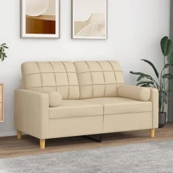 Online vidaXL 2-sits soffa med prydnadskuddar gräddvit 120 cm tyg Kräm