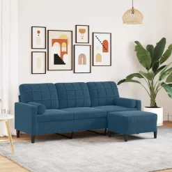 vidaXL 3-sitssoffa med fotpall blå 180 cm sammet