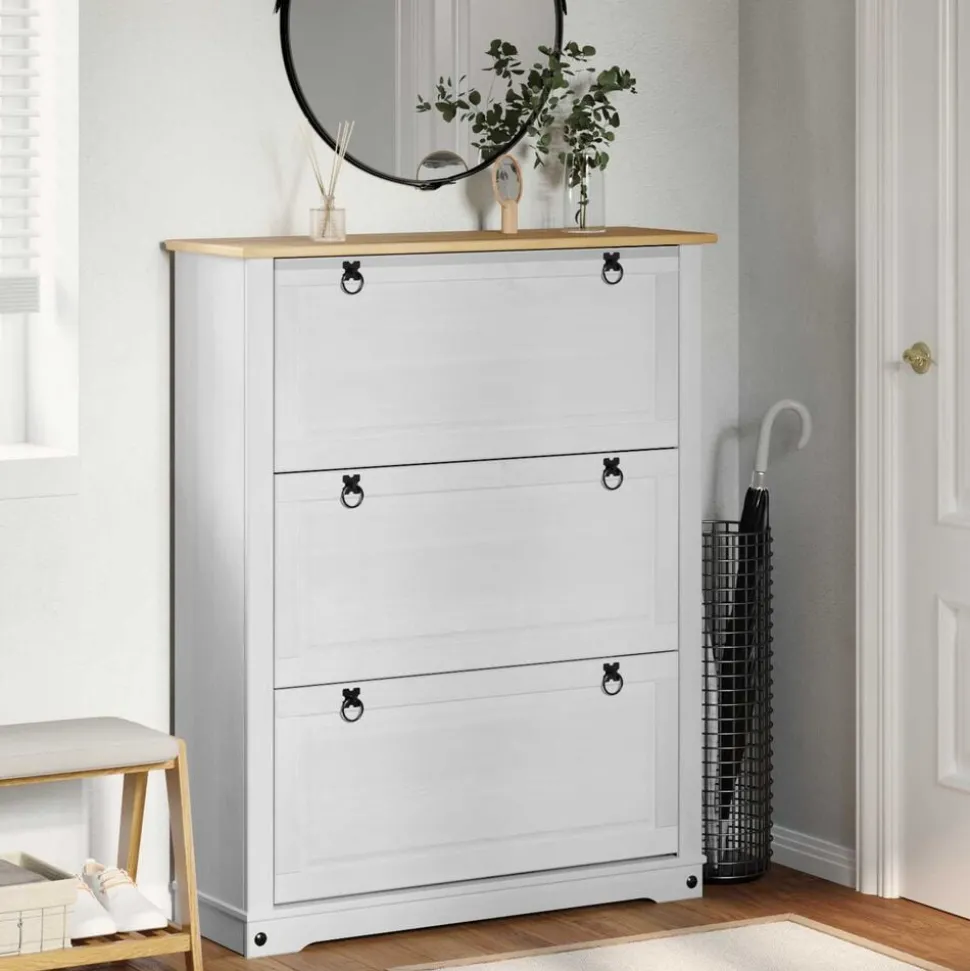 vidaXL Skoskåp med låda Corona Vit 99 x 32 x 122 cm Massiv furu