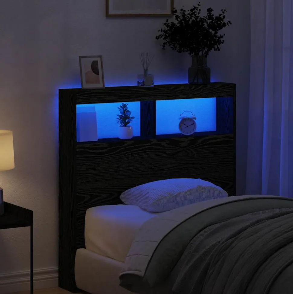 vidaXL Skåp till sänggavel med LED svart ek 100x17x102 cm