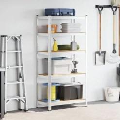 New vidaXL Slitstark hylla stål och konstruerat trä 5 hyllplan Silver