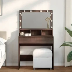 vidaXL Sminkbord med LED brun ek 80x41x134,5 cm