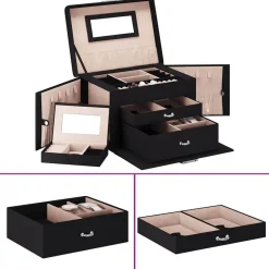 Outlet vidaXL Smyckeskrin 3-lagers med spegel låsbar 26x18x17,5 cm Svart
