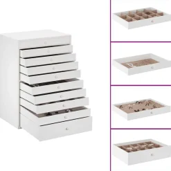 vidaXL Smyckeskrin 10-lagers med klockhållare vit 29x20,5x40,5 cm