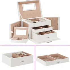 vidaXL Smyckeskrin 3-skikts med spegel låsbar vit 26x18x17,5 cm