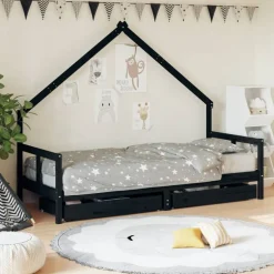 vidaXL Sängram för barnsäng m. lådor svart 80x200 cm massiv furu