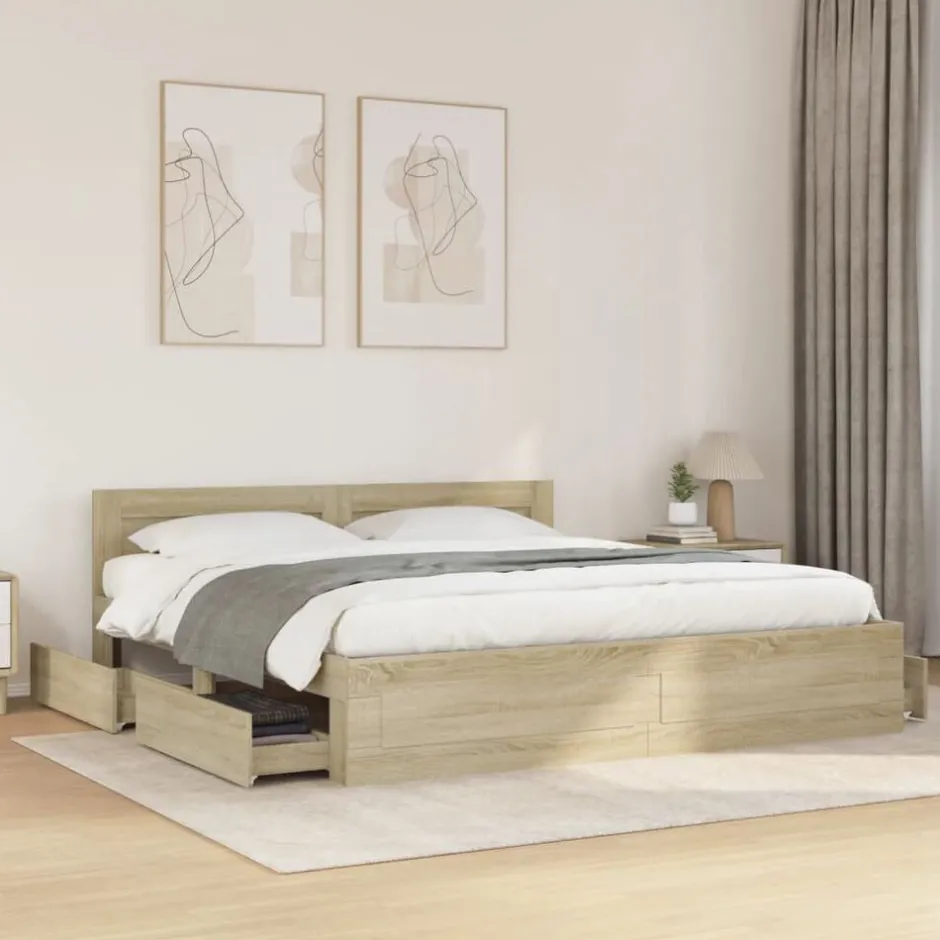 Hot vidaXL Sängram med huvudgavel sonoma-ek 200x200 cm konstruerat trä Sonoma ek