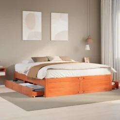 vidaXL Sängram utan madrass med lådor vaxbrun 180x200 cm massiv furu